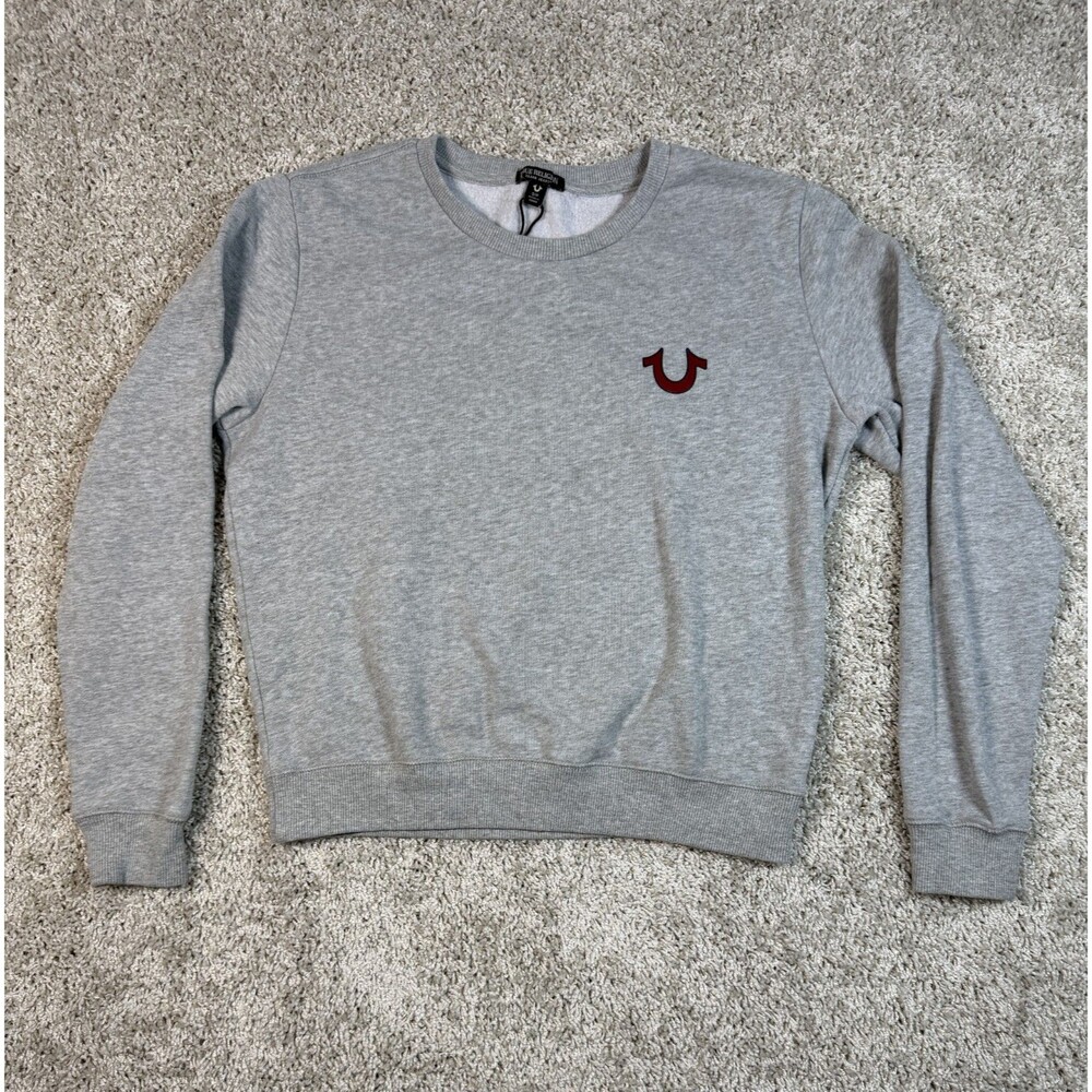 True Religion Gray Crewneck Sweatshirt Small Red Horseshoe Logo Pullover